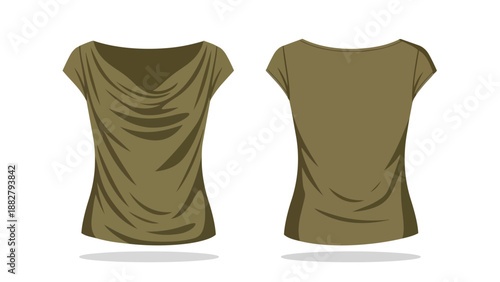 Sophisticated women's short-sleeved cowl neck top illustration presented in a muted olive color, perfect for modern fashion design inspiration and