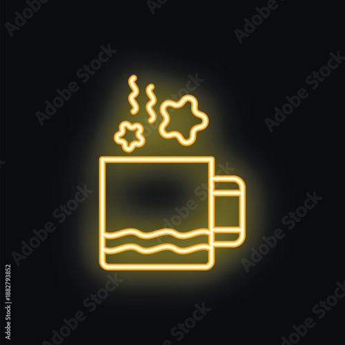 Yellow neon sign of a steaming hot chocolate mug with marshmallows for christmas holidays