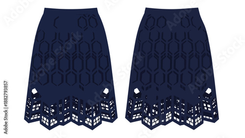 Elegant dark navy blue skirt flat technical drawing featuring a contemporary geometric pattern and an intricate architectural-inspired cut-out hem