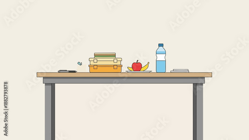 A Minimalist Illustration Of A Desk Set With Food, Stationary And Hydration