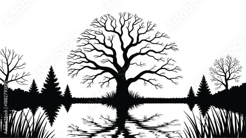 Majestic black and white tree silhouette reflecting in calm lake water peaceful nature scene graphic illustration for minimalist landscape art serene environment backgrounds tranquil nature posters an
