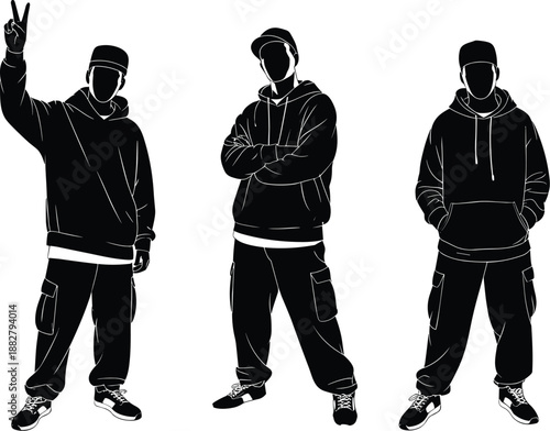 Three stylish men wearing hoodies and cargo pants posing confidently against a clean white backdrop modern streetwear fashion concept showcasing urban clothing line for e-commerce website marketing ad