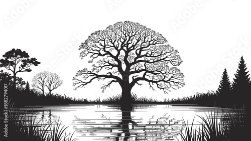 Monochrome silhouette of a large deciduous tree reflected in tranquil water creating a serene landscape design element graphic resource for environmental conservation nature illustration and peaceful