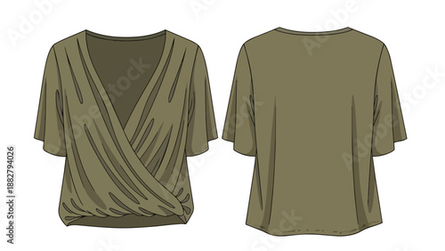 Sophisticated olive green wrap top design, detailed technical flat illustration with both views.