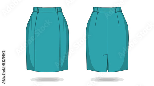 Elegant teal pencil skirt, front and back flat vector illustration, perfect for fashion design, showing modern business attire and apparel concepts