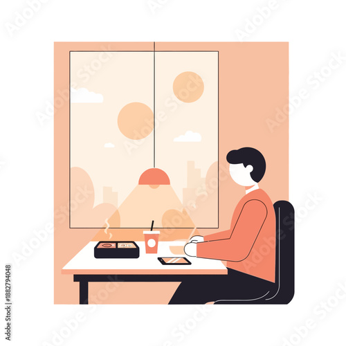 A Person Dining Alone Enjoying Food and Contemplation by A Window Overlooking a Cityscape Scene