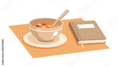 A Cozy Scene: Soup, Spoon, Plate, and Book on a Rustic-Hued Surface
