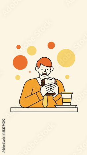 A Person Enjoying a Sandwich and Coffee During a Relaxing Meal Break in a Simplified Style