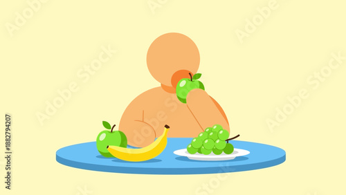 A Person Is Enjoying Eating Fresh Fruits At A Table In A Simple Illustration