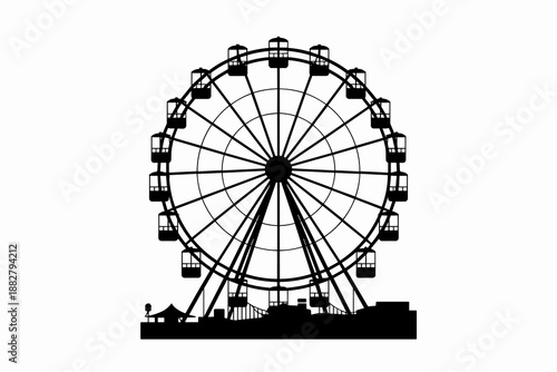 Black silhouette of ferris wheel at amusement park fairground attraction with skyline in background vector illustration for event poster travel tourism recreation and entertainment industry design tem