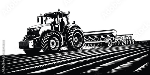 Monochrome farm tractor plowing field agriculture machine vector illustration agricultural vehicle cultivating soil for planting crops farming equipment rural landscape countryside agronomy business i