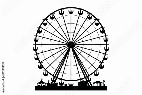Detailed silhouette of a large ferris wheel attraction at a festive carnival fairground amusement park entertainment venue black and white illustration for creative design projects and nostalgic vinta