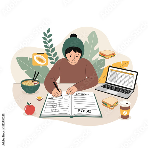 A Person Organizing Expenses And Meal Planning While Surrounded by Food And Modern Technology
