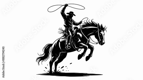 Dynamic cowboy riding bucking bronco horse silhouette vector illustration in vintage western style for rodeo event poster design or equestrian sport competition branding on ranch farm adventure travel