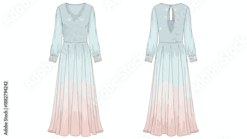 Elegant technical flat sketch of a flowing long sleeve ombre maxi dress featuring a chic V-neckline and intricate keyhole back detail perfect for