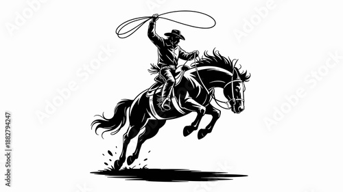Dynamic black and white illustration of a cowboy riding a horse with lasso in hand jumping powerfully bold vintage western design element for rodeo posters ranch branding farm graphics apparel designs