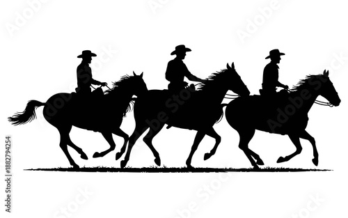 Silhouette of three cowboys riding horses galloping in vintage western landscape equestrian sport equine black and white illustration for ranching heritage tourism advertising and historical presentat