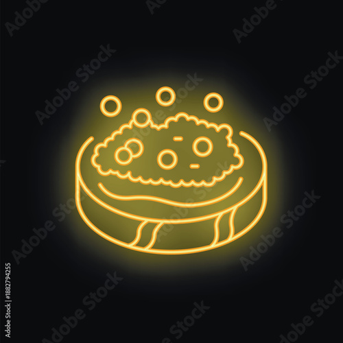 Yellow glowing neon icon of guacamole dip and tortilla chips on black background