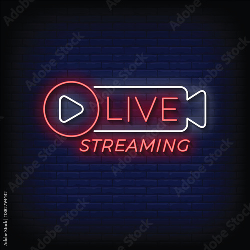 live streaming neon signboard with brick wall background vector