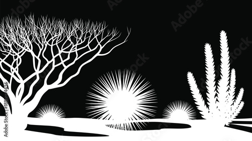Striking black and white desert landscape silhouette with bare tree and spiky succulent plants calm nature background illustration for minimalist art projects natural history designs elegant monochrom