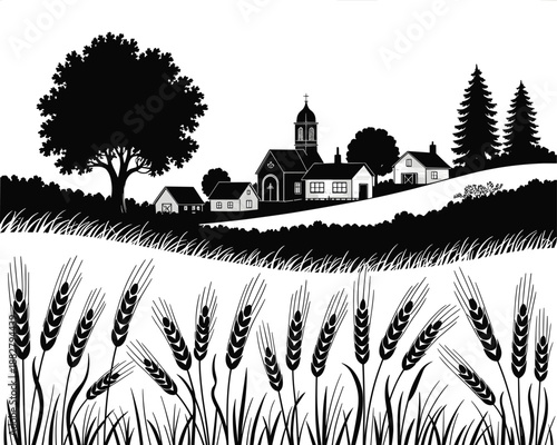 Black and white vector of wheat field with rural village landscape illustration of agriculture and countryside scenery farm scene in minimalist design for print media advertising and natural food comp