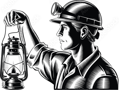 Detailed vintage style miner holding lantern wearing hardhat in underground mine shaft coal mining industry illustration for history books documentaries safety awareness campaigns industrial heritage