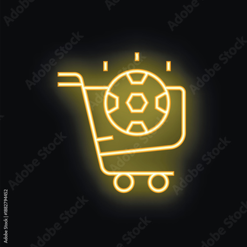 Yellow neon icon of a shopping cart carrying a soccer ball, glowing on a dark background
