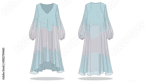 Fashion technical flat sketch of a flowing light blue v-neck maxi dress with long sleeves for women