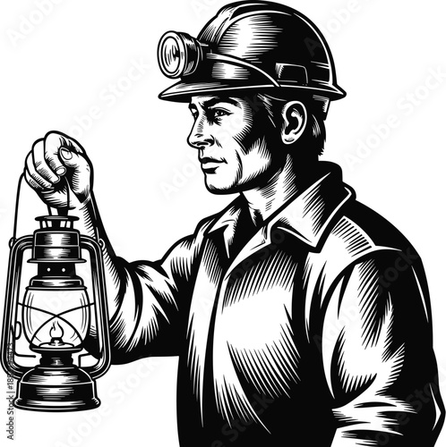 Vintage coal miner holding lantern illustration in black and white engraved style with helmet headlamp underground worker searching in darkness for safety concept in industrial mining engineering hist