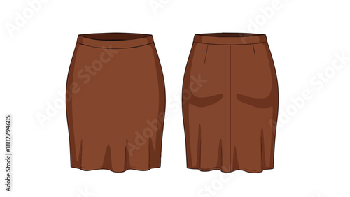 An intricate brown pencil skirt illustration displaying both front and back views with a subtle flared hemline perfectly suitable for fashion design