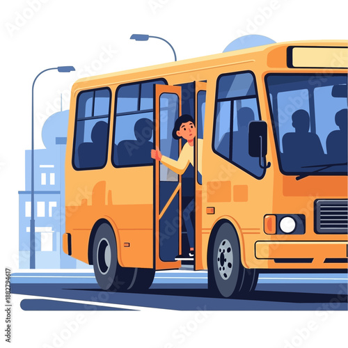 Woman entering yellow bus with open door, city street scene illustration