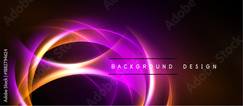 Abstract neon lines create vibrant curves. Purple, orange hues blend into dark background. Modern design element for digital projects.