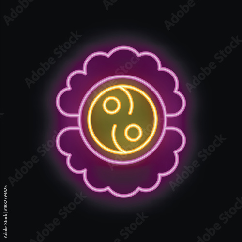 Neon sign representing the yin yang symbol, a concept of dualism in chinese philosophy, surrounded by stylized clouds on black background