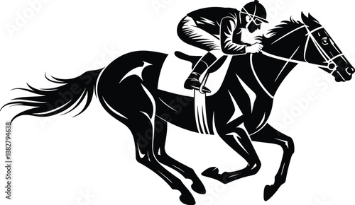 Dynamic black horse and jockey racing at full speed powerful silhouette illustration equestrian sport competition champion vector graphic design element for sports marketing and event promotions with