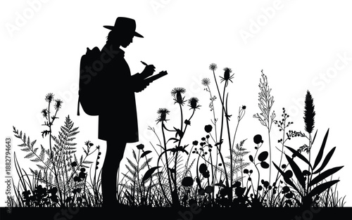 Botanist silhouette taking notes on clipboard amidst wildflowers and grass plants in meadow environment for ecological survey or environmental research project black and white vector illustration natu