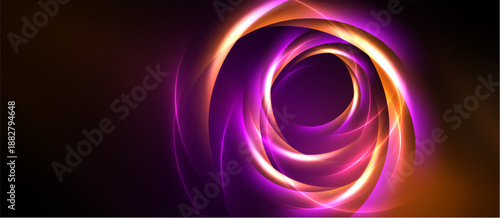 Abstract swirls, vibrant colors, orange, purple hues create dynamic energy. Light radiates from central point, forming spiral patterns.