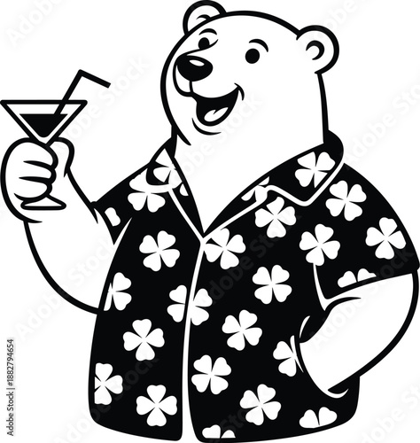 Cartoon polar bear holding cocktail glass wearing aloha shirt black and white illustration for summer vacation travel advertising tropical destination art party invitation happy hour celebration bever
