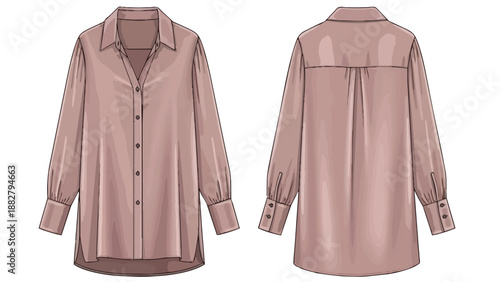 loose-fit collared button-up blouse flat technical sketch design in a soft rose hue