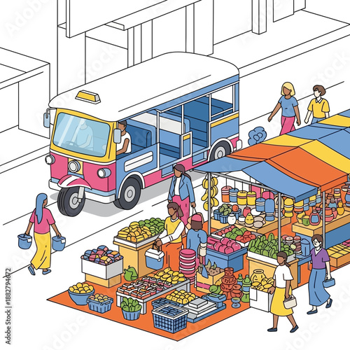 Busy street market scene with tuk-tuk, vendors and shoppers