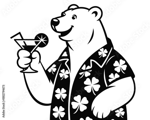 Cartoon polar bear wearing floral aloha shirt holding cocktail drink illustration summer vacation character design for bar advertisement tropical holiday celebration party event invitation happy hour