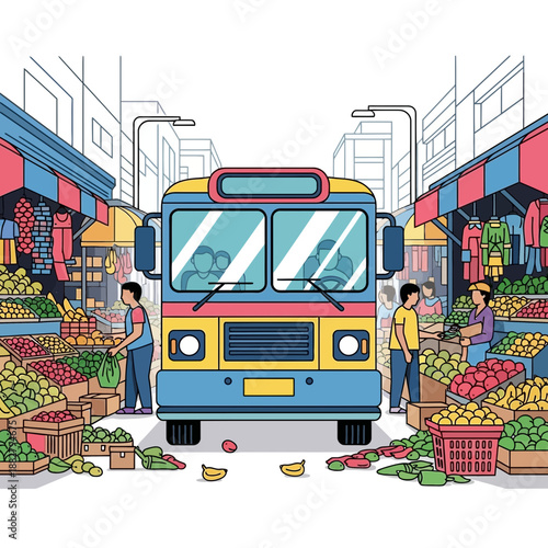 Bus in marketplace with vendors and colorful stalls