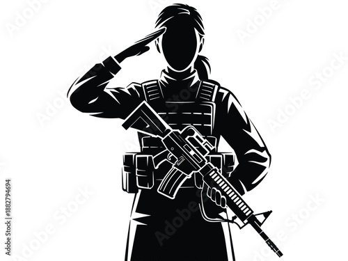 Female soldier saluting with assault rifle in monochrome illustration armed forces military service member standing at attention honoring fallen comrades vector graphic for memorial day remembrance ve