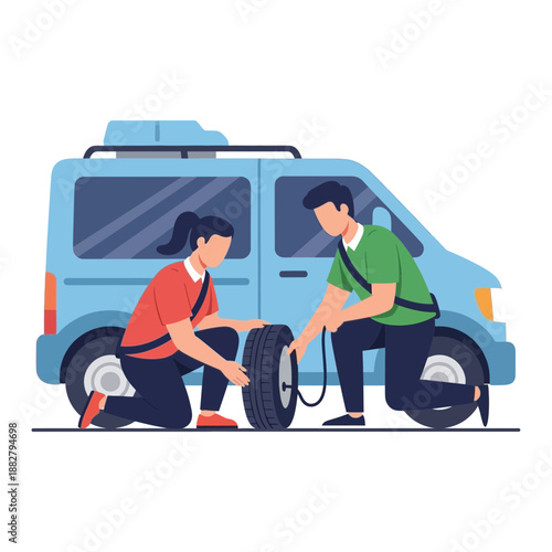 Couple fixing flat tire on blue van, car repair, roadside assistance
