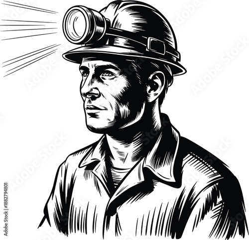 Detailed miner man illustration wearing hardhat with headlamp shining bright light in dark underground environment black and white drawing for industrial safety construction worker mining industry exp