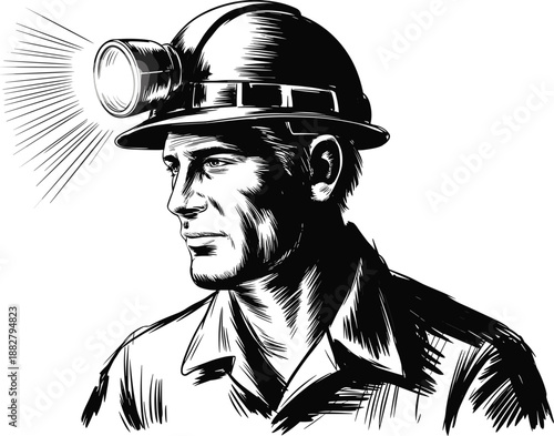 Determined coal miner wearing hardhat with headlamp in underground mine setting focused on labor intensive work safety conscious illustration for industrial engineering construction occupation mining
