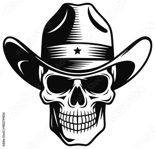 Detailed skull wearing cowboy hat vector illustration wild west vintage western outlaw graphic design element for t-shirt print logo poster emblem sticker tattoo apparel biker gang fashion brand conce