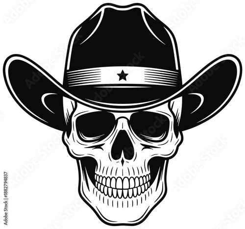 Cowboy skull wearing hat vector illustration in monochrome outline style for western theme tattoo design biker gang logo apparel print wild west concept halloween graphic resource and country music ev
