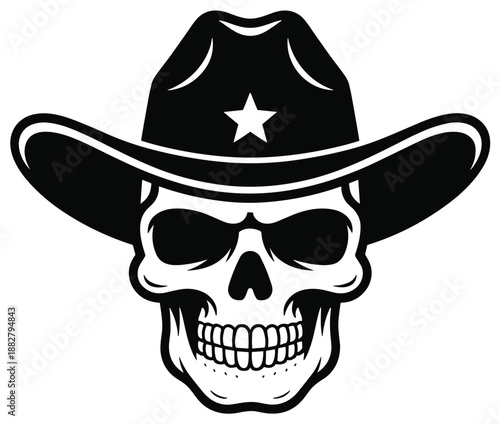 Stylized human skull wearing cowboy hat vector illustration for apparel design wild west concept vintage outlaw print biker gang logo western theme graphic element for t-shirt clothing branding poster
