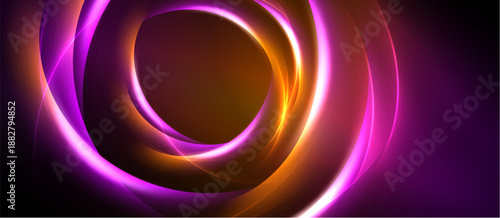Abstract swirls, vibrant colors, orange, purple hues blend. Dynamic composition creates energy, modern aesthetic. Dark background emphasizes luminosity.
