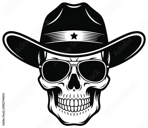 Monochrome skull wearing cowboy hat and sunglasses vector illustration for biker gang logo design or western themed tattoo art outlaw motorcycle club emblem graphic design element edgy apparel print b